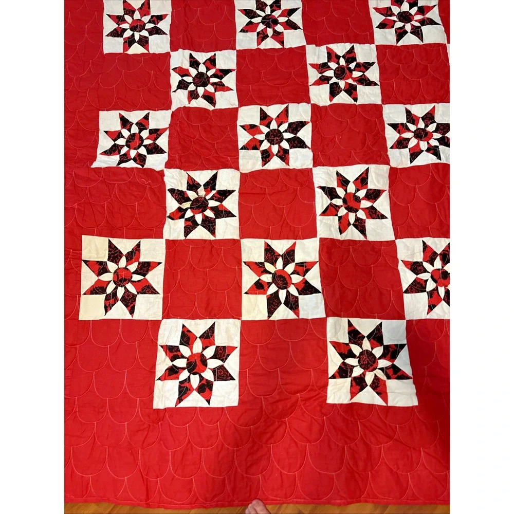 Vintage Handmade Patchwork Star Quilt Red Black White Throw Blanket 78”